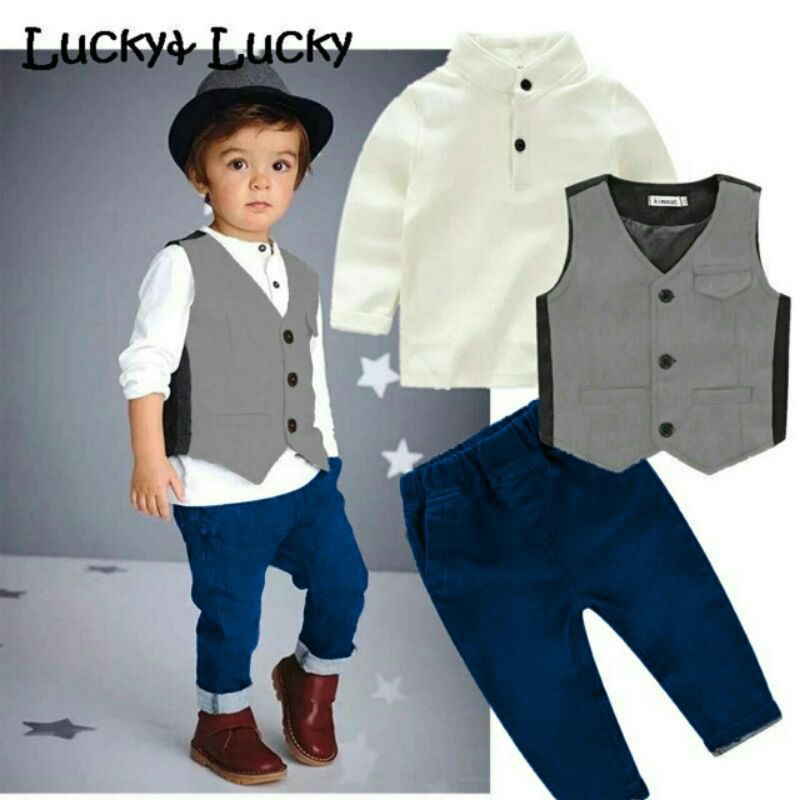 ST Set Stelan Anak Kemeja Blazer Katun Celana Jeans Lucky Kid Kids