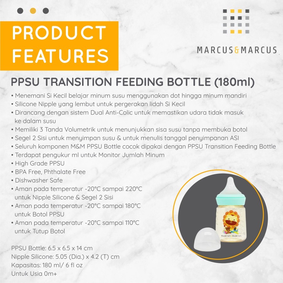 Marcus &amp; Marcus - PPSU Transition Feeding Bottle (180ml) - Lion Blue