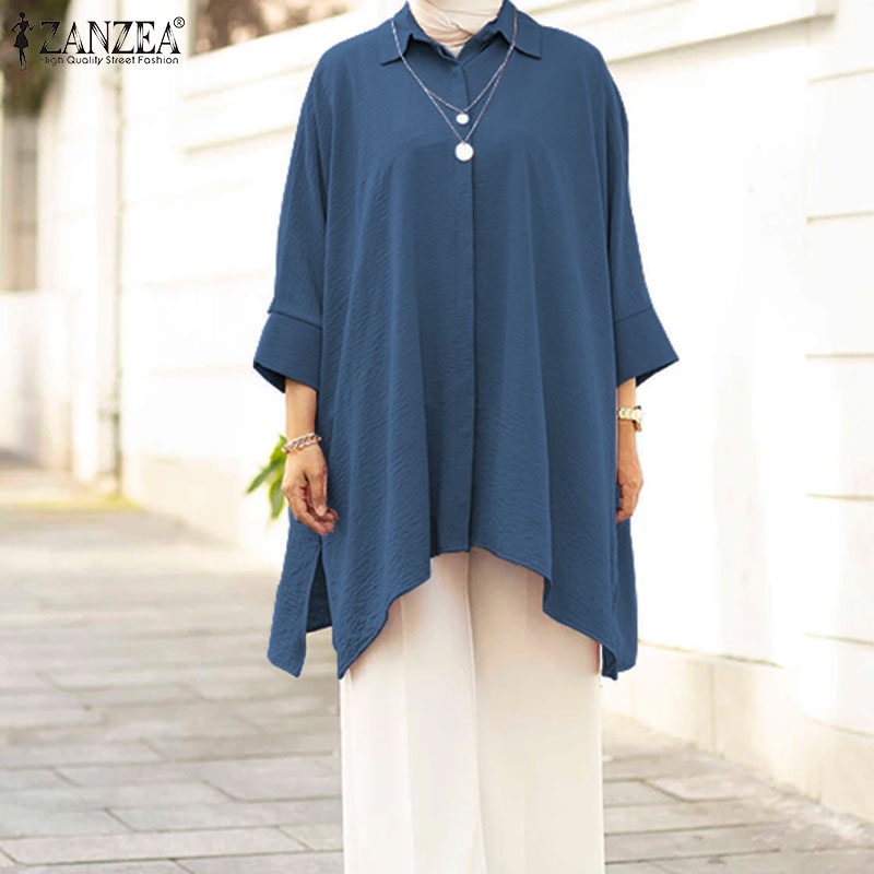 ZANZEA Women Muslim Casual Solid Irregular Hem Button Down Casual Loose Blouse