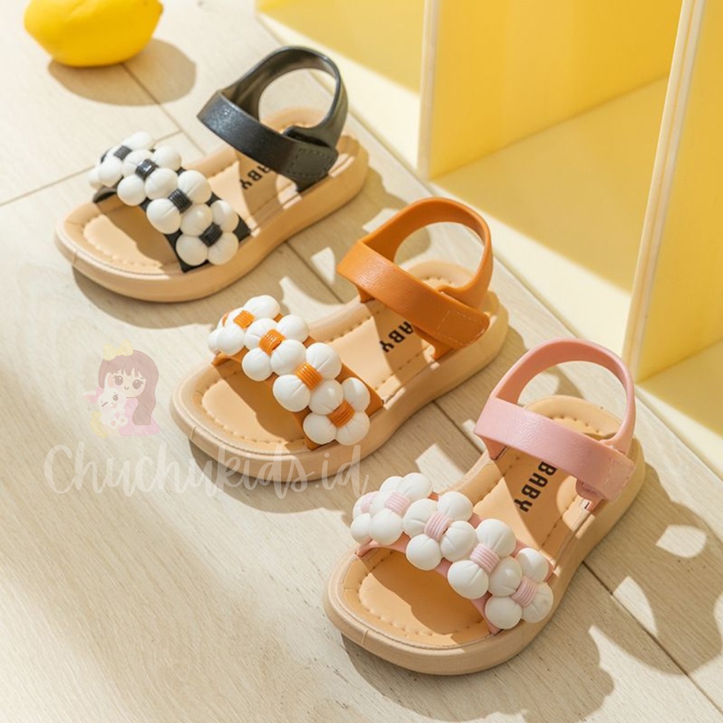 Sandal Sepatu anak Perempuan Motif Bunga pom pom Sandal Anak Perempuan Bahan Karet Model Lucu 1-5 Tahun Import