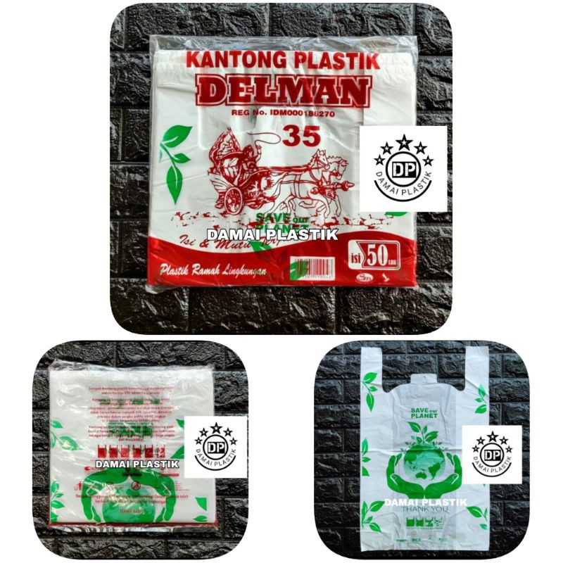 50pcs HD Delman 35 RAMAH LINGKUNGAN Kantong Kresek Plastik Go Green Save Planet Ukuran