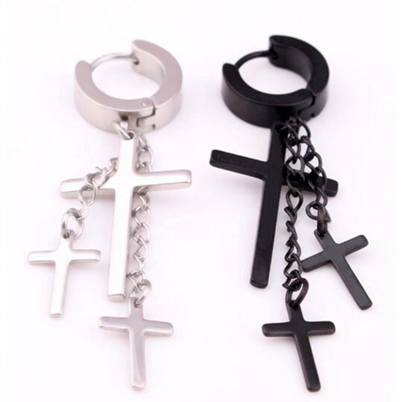 1Pc Anting Tusuk Model Salib Bahan Stainless Steel Gaya Punk untuk Wanita