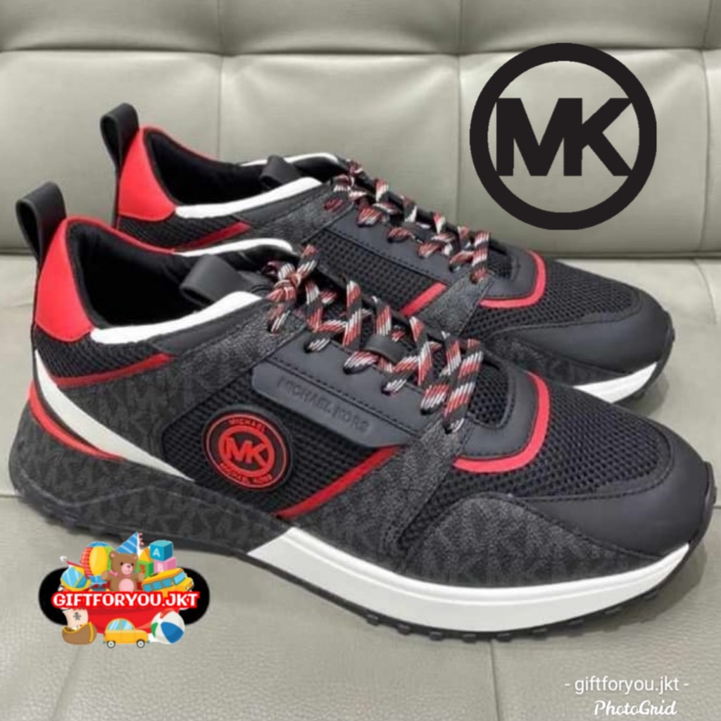 Sepatu Pria Michael Kors Man Merah Hitam Red Black Theo Mixed-Media Trainer Sneaker Shoes MK Men Cow