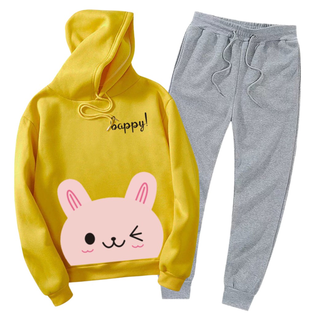 BESS - Setelan Hoodie Wanita Murah / Setelan Hoodie + Jogger Abu - HAPPY CAT