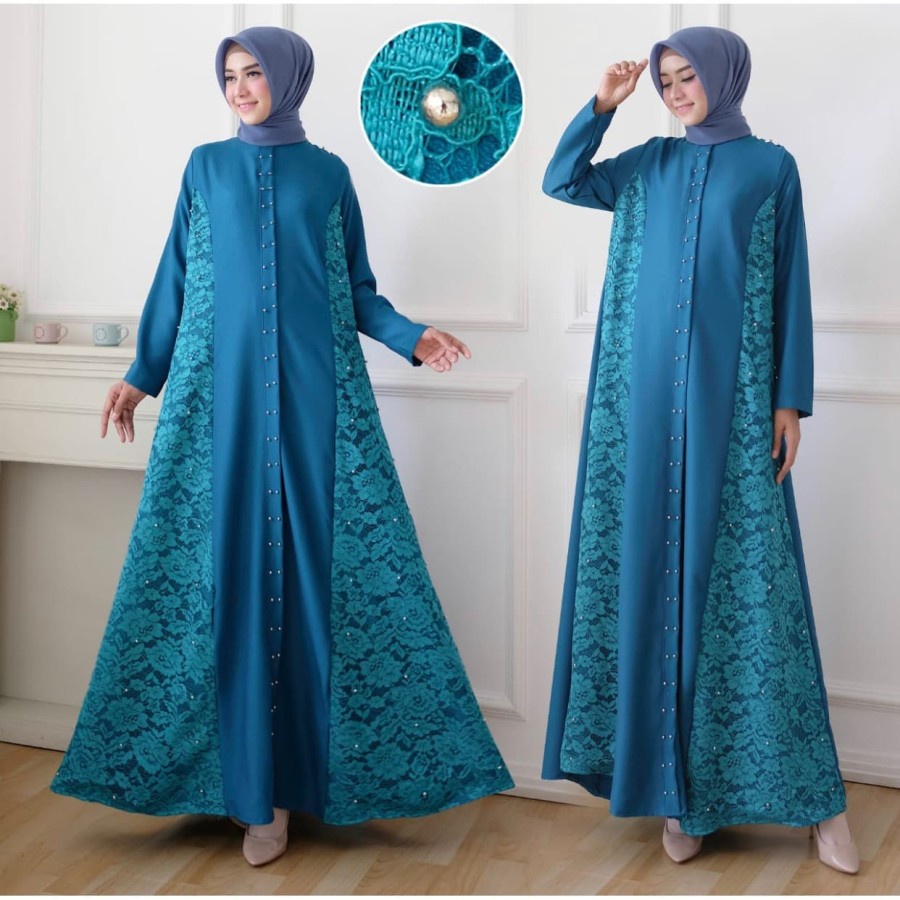 Baju Gamis Brukat Maxi Dress Longdress Wanita Muslimah Dewasa Remaja Modern Lengan Panjang Pesta Kon