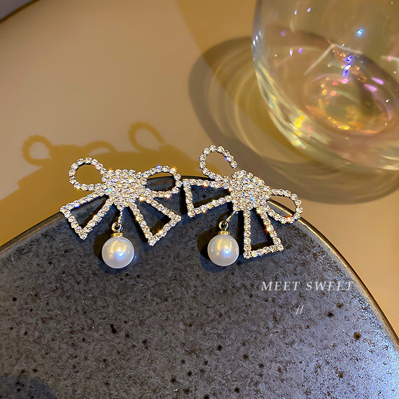 Anting Tusuk Silver 925 Desain Pita Hias Full Berlian Gaya Korea Untuk Wanita