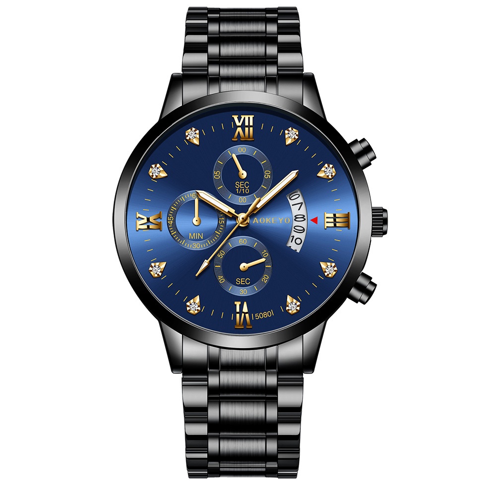 【TERMURAH】AOKEYO 5080 Jam Tangan Pria Anti Air Original Luxury Stainless Steel （Free BOX+Kartu Garansi）-Blue Aokeyo