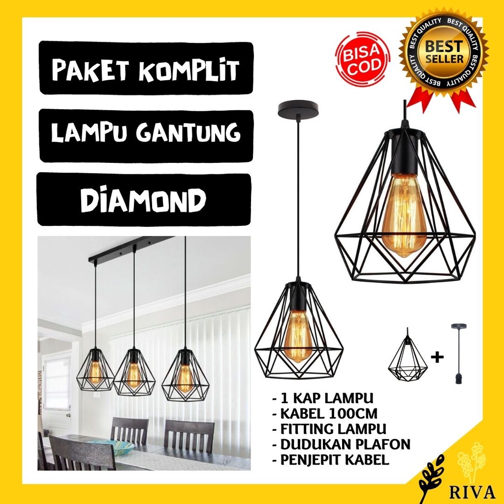 LAMPU GANTUNG MINIMALIS DIAMOND HIAS KAP BESI DEKORASI CAFE RUMAH MODERN RUANG TAMU LENGKAP MURAH 1