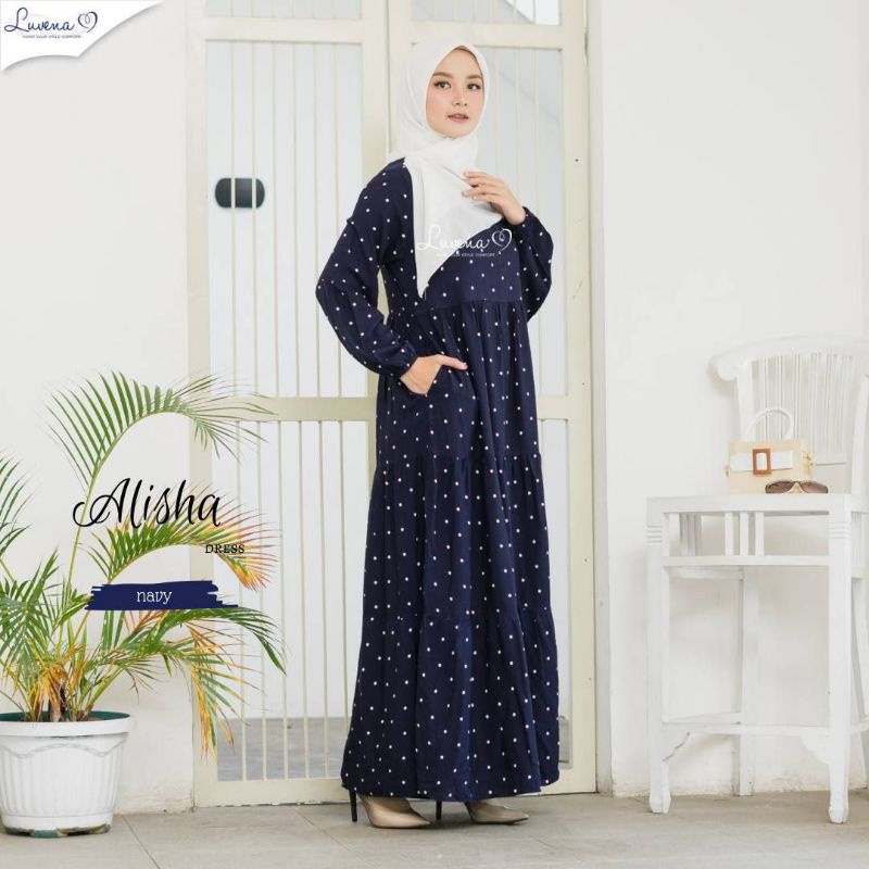 Alisha Dress - Gamis Susun Polkadot Rayon Premium Lengan Panjang Baju Wanita Muslim Kekinian LD 110 Cm