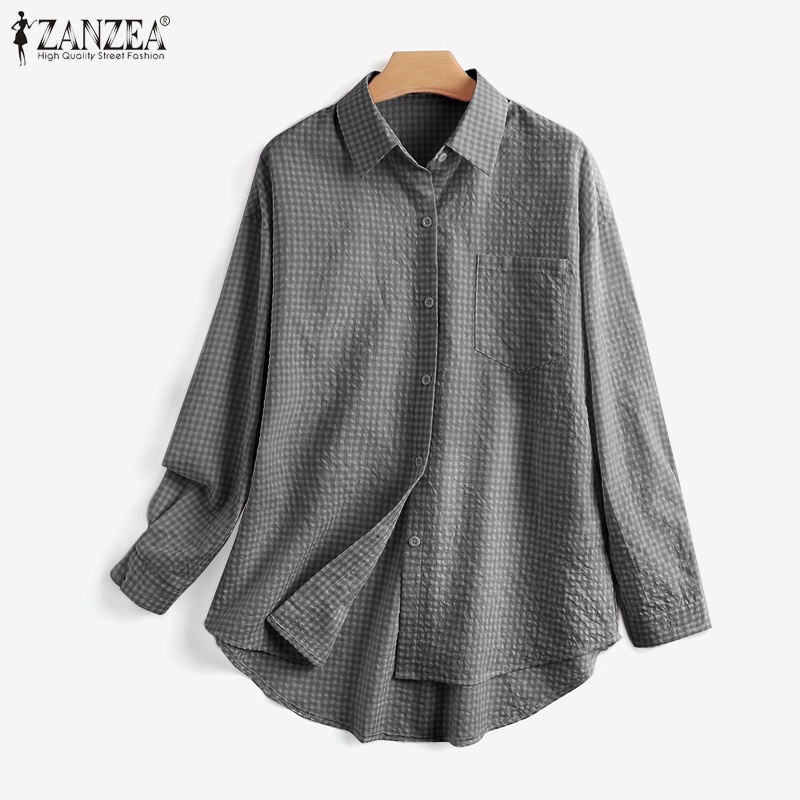 ZANZEA Women Full Sleeved Plaid Printed Casual Loose Buttons Down Baggy Blouse