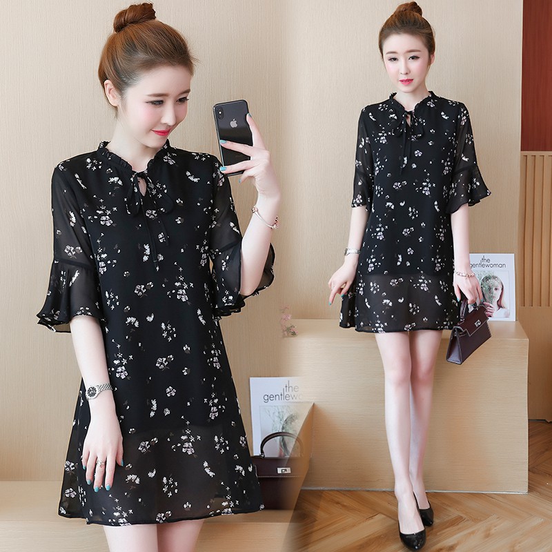 Dress Midi Wanita Casual Elegan Bahan Sifon Versi Korea Ada Ukuran Besar untuk Musim Panas