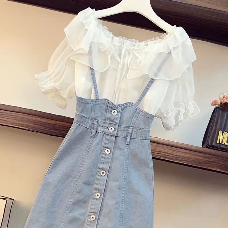 Big fat sister summer new suit women's foreign style thin shirt aging denim strap dress two-piece