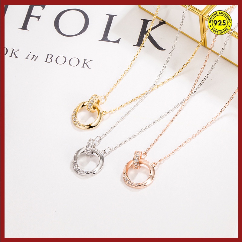 Kalung Rantai Sterling Silver 925 Dengan Liontin Cincin Ganda Untuk Pasangan / Pria / Wanita