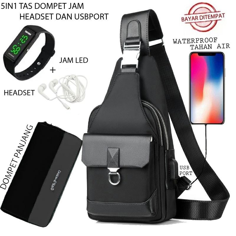 TANMESSO 5IN1 BAYAR DITEMPAT-BONUS JAM LED,DOMPET &amp; USBPORT&amp;HEADSET-TAS SELEMPANG PRIA