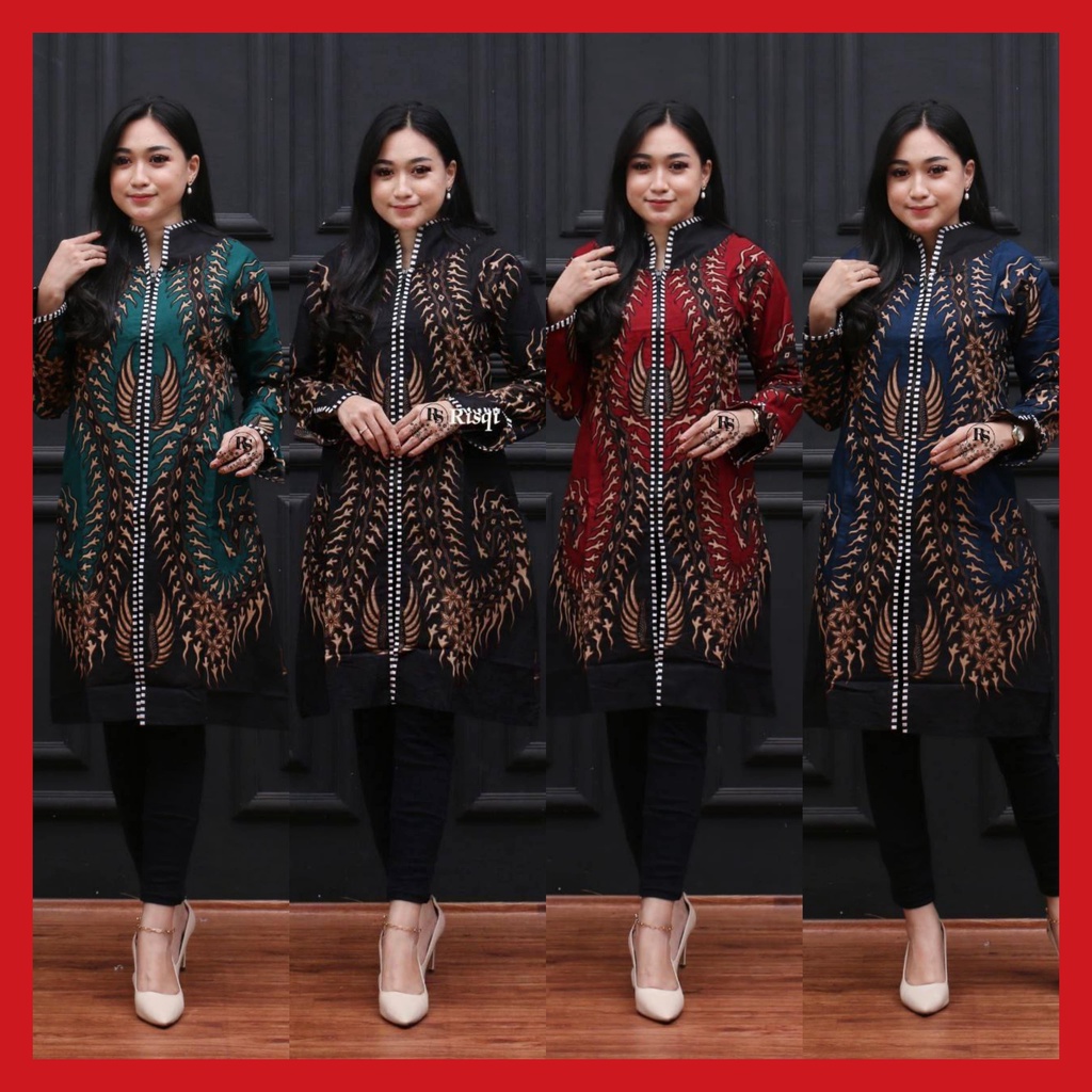 Atasan Tunik Batik Wanita Baju Batik Wanita Modern Resleting Depan M L XL XXL