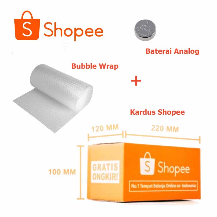 Kardus Tebal Shopee + Packaging Bubble Wrap + 1 Pcs Baterai Jam Tangan ANALOG