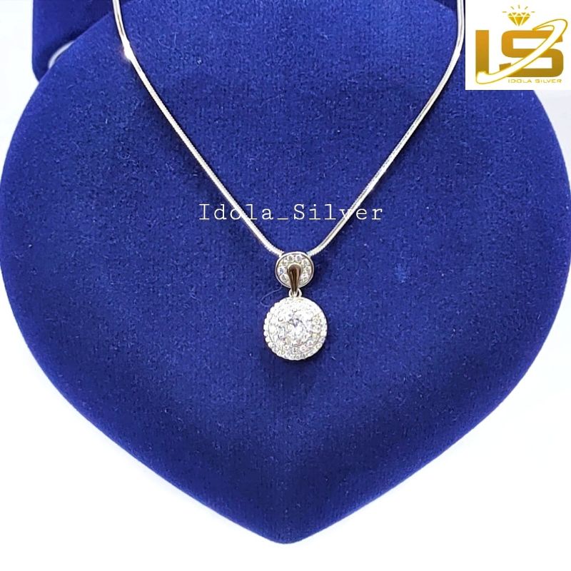 KALUNG PERAK ASLI SILVER WANITA 925 LAPIS EMAS PUTIH MODEL LIONTIN BULAT 2 SUSUN PERMATA FULL - PERHIASAN PERAK WANITA ASLI