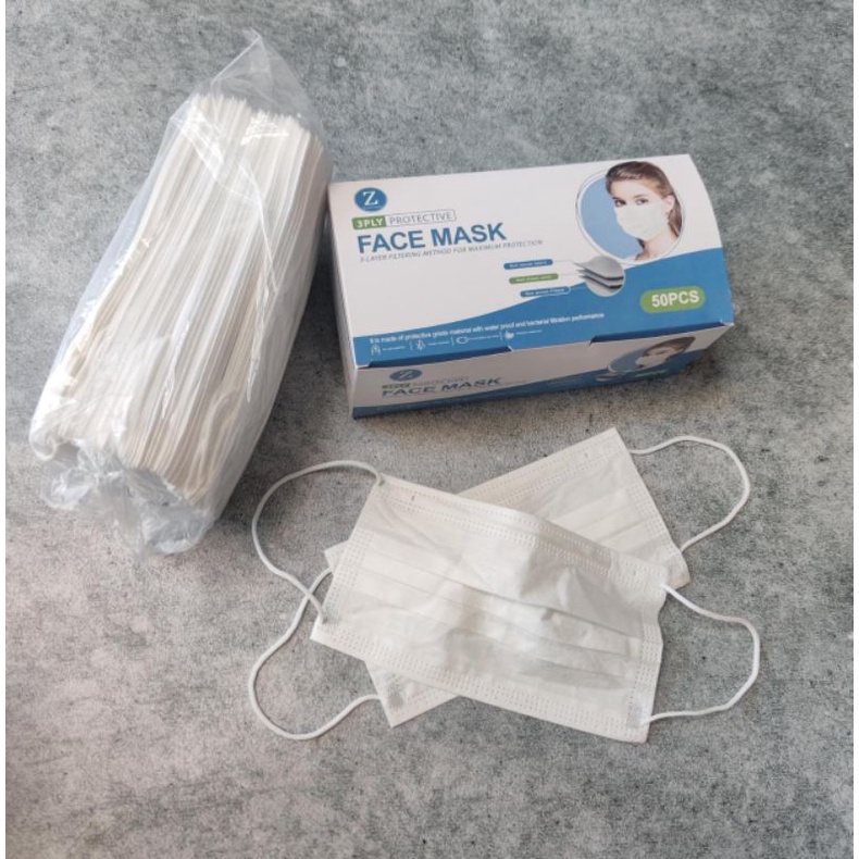 READY STOK EARLOOP 3 PLY FACE MASK PUTIH WHITE isi 50 lbr CANTOL KUPING