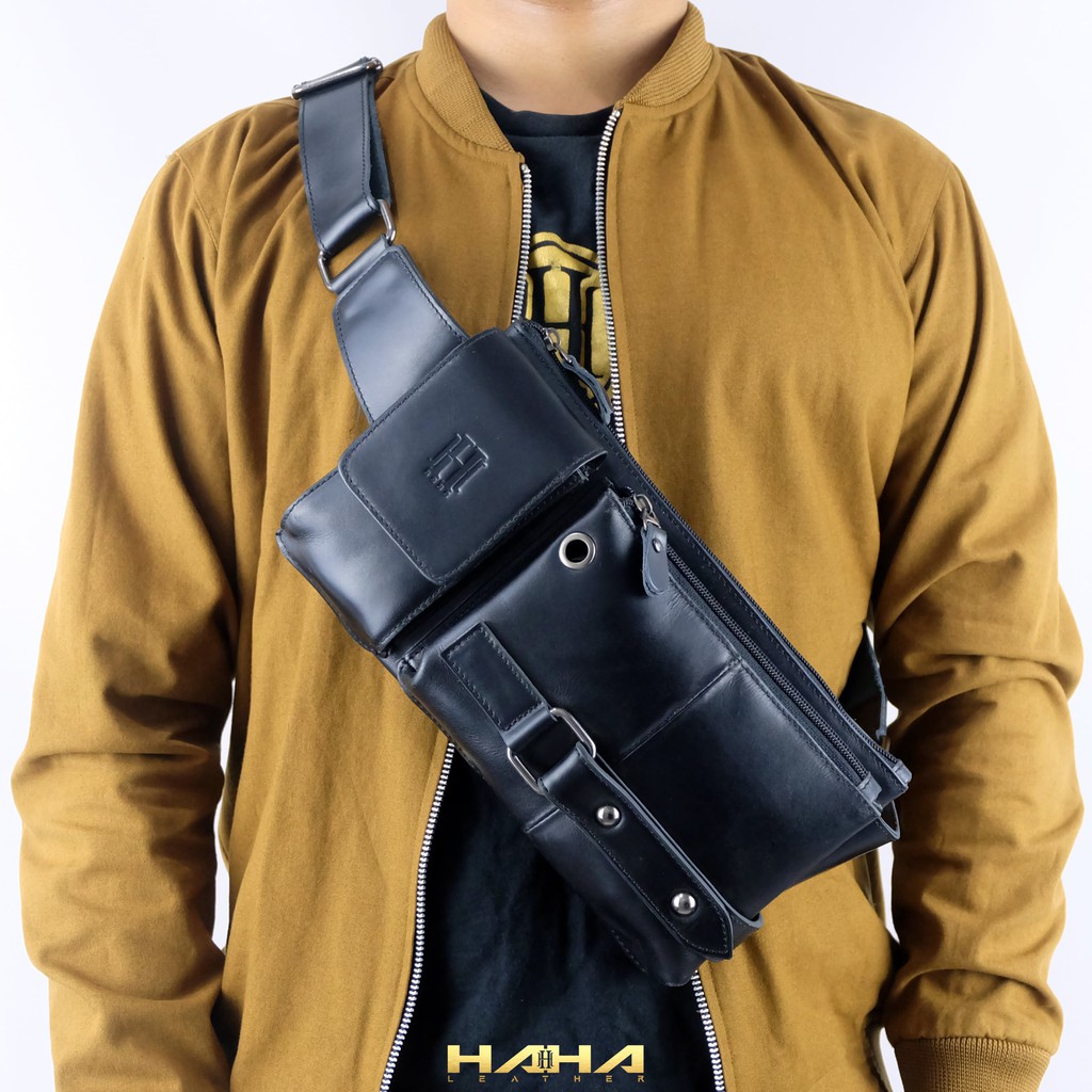 [HAHA] Sling bag HALETH kulit tas selempang dada slingbag waistbag Kulit sapi asli Cowok  Pria Laki