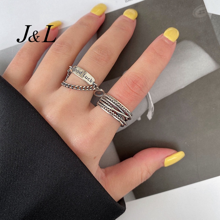 2pcs / Set Cincin Rantai Motif Tulisan Bahan Alloy Warna Silver Gaya Retro Untuk Wanita