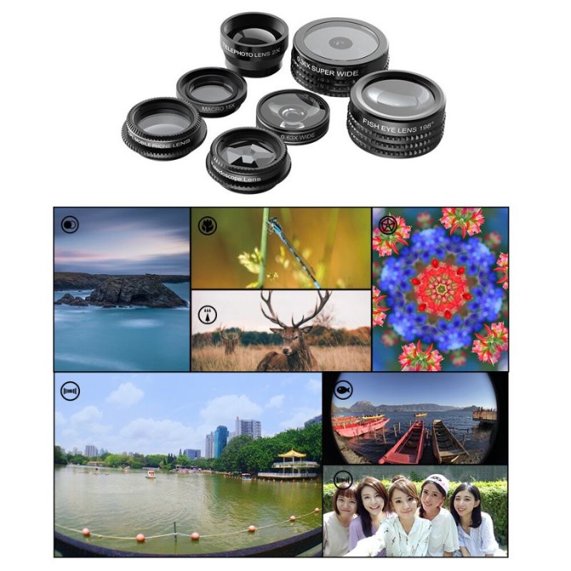 Apexel 7 in 1 camera lens HP 2x portrait lens fisheye wide angle Macro
