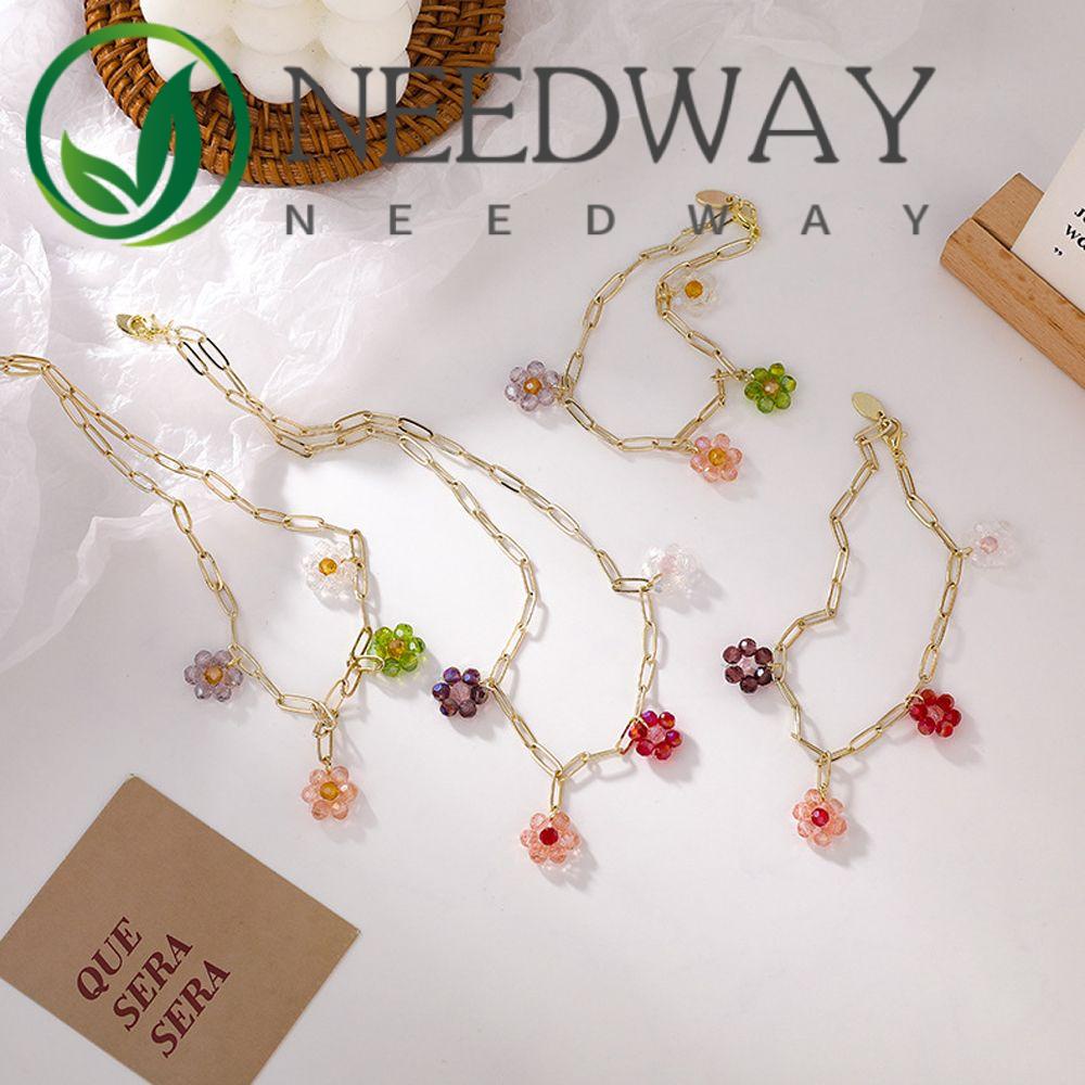 Needway  New Beaded Choker Colorful Chain Flower Bracelet Sweet Geometric Alloy For Women Vintage Necklace