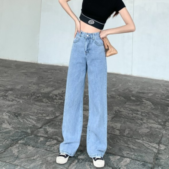 Celana Jeans Wanita Korea Style Loose High Waist Straight Pants