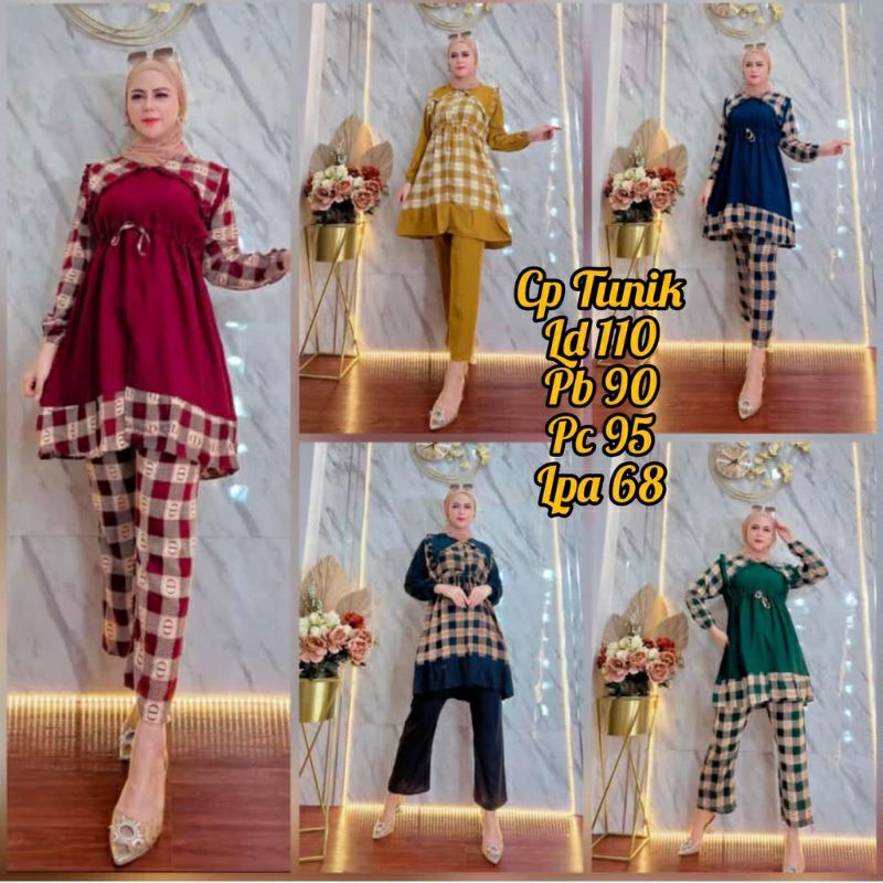 One Set Baju Wanita Model Tunik Busui Setelan Celana Motif Polos Kotak Bahan Rayon Renda Tali Serut