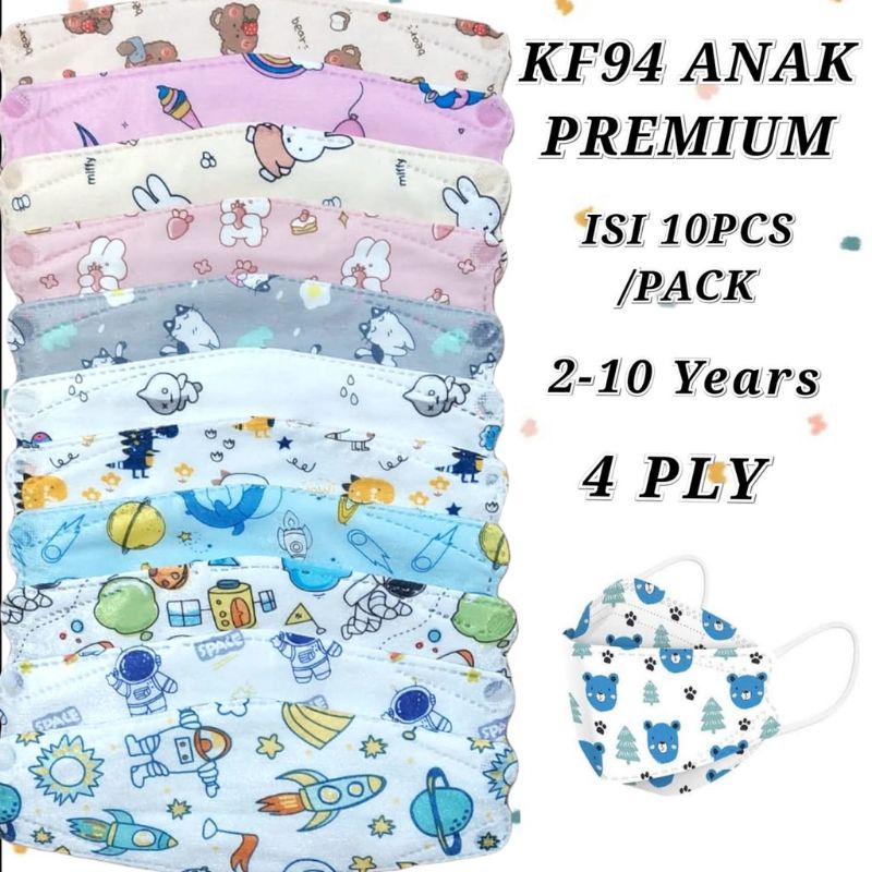 Masker Anak KF94 Motif Cowok Cewek 4ply Lucu Isi 10 Lembar Earlop Earloop Tebal Karakter Premium