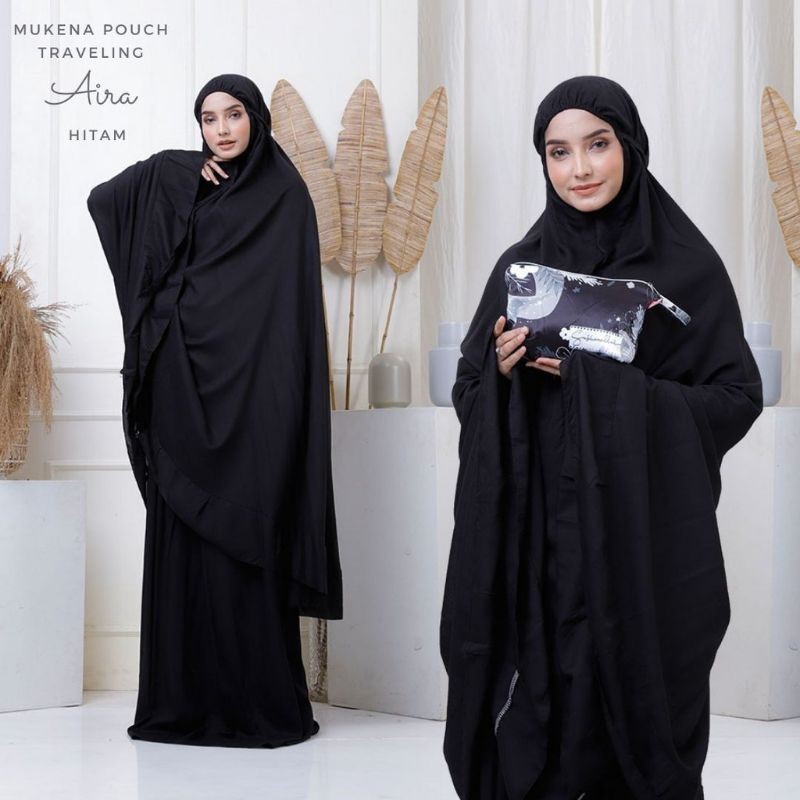Raszi Official Mukena Dewasa Pouch Traveling Katun Rayon Premium Polos Motif Aira Warna Hitam
