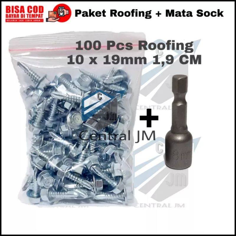 Baut Baja Ringan Roofing 1 Pack [ 100 Pcs ] Ukuran 10 x 19mm - Mata sok Kepala Bor  Rufing  Baut Sek