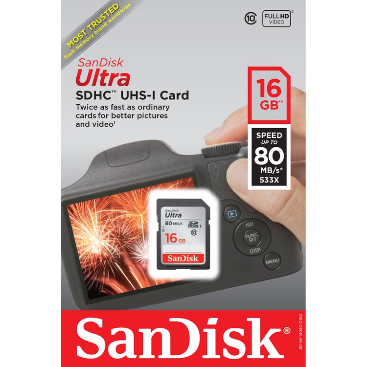 SanDisk Ultra SDHC Card UHS-I Class 10 (80MB/s) 16GB - SDSDUNC-016G