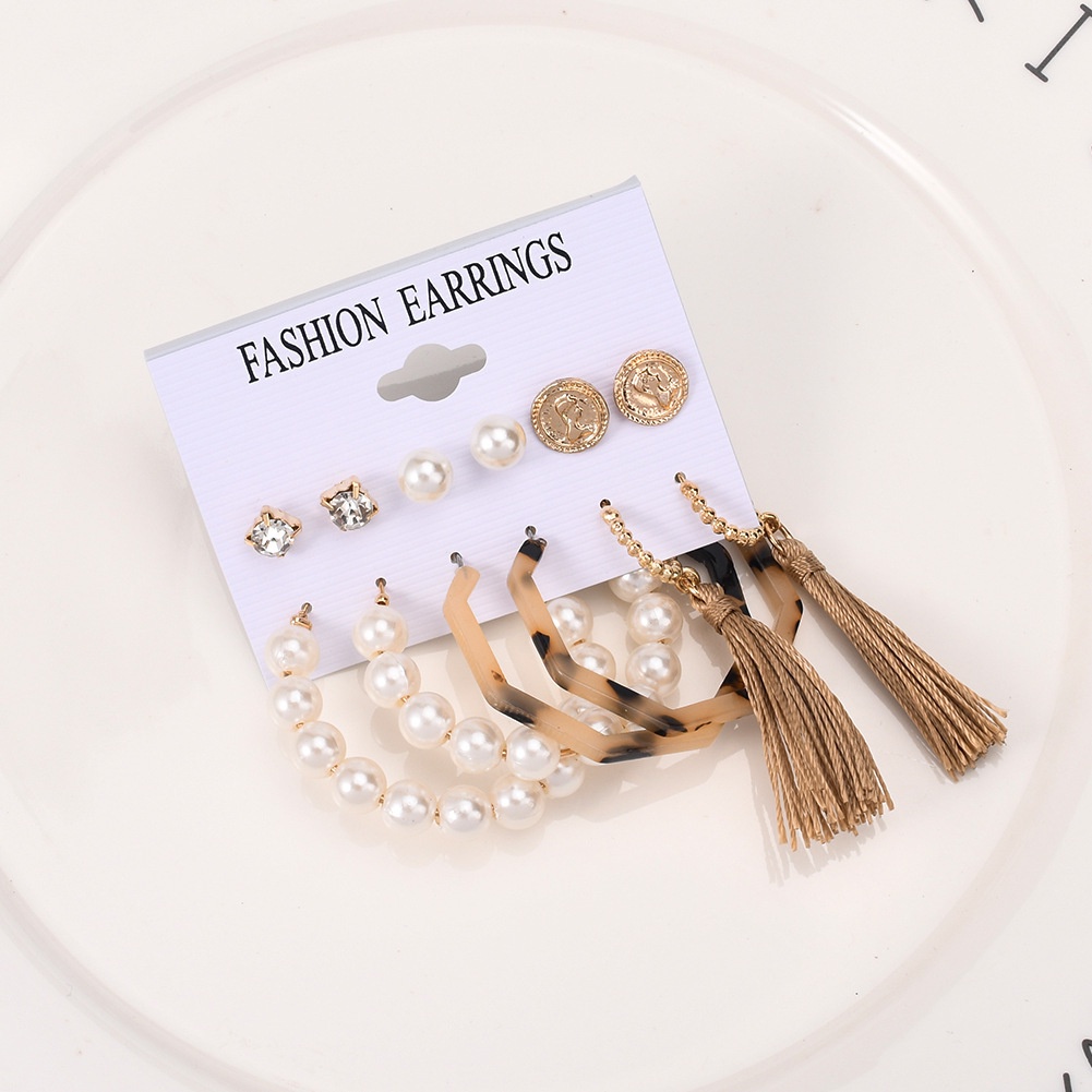 6 Pasang / set Anting Stud Bentuk Lingkaran Aksen Mutiara Bahan Akrilik Untuk Wanita