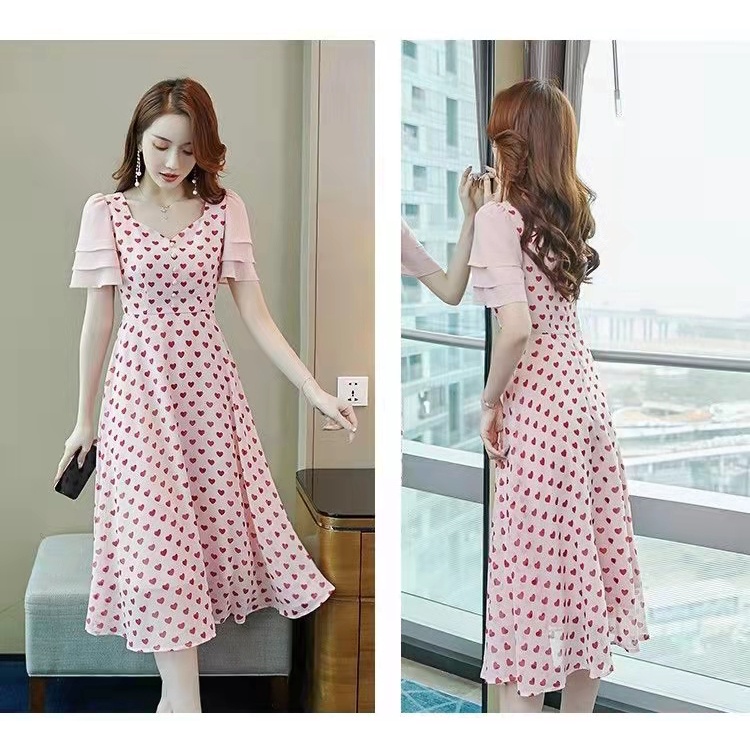 Rok sifon V-neck 2022 baru gaun polka-dot tanpa pinggang pakaian kipas dewi temperamen