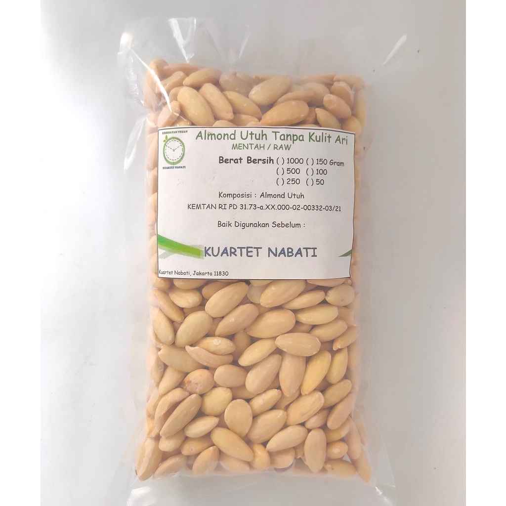 

500gr Almond Utuh Mentah Tanpa Kulit Ari/ Raw Almond Whole Skinless Size Besar 27-30 by Kuartet Nabati