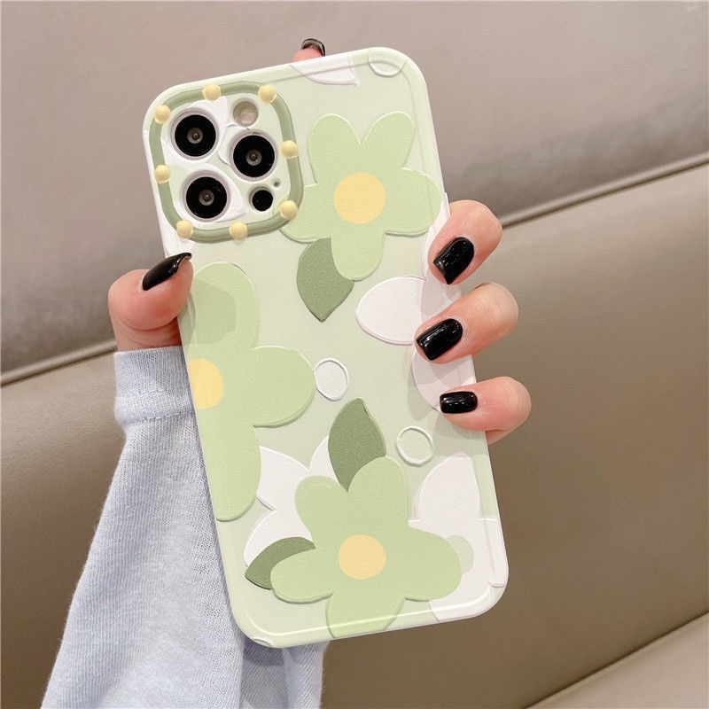 Case Silikon Motif Tiga Bunga Hijau 3d Untuk IPhone 11 12 13 Pro Max X Xs Xr XsMax 7 8 Plus