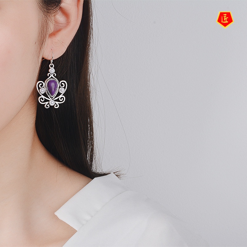 [Ready Stock]Retro 925 Silver Inlaid Charoite Earrings