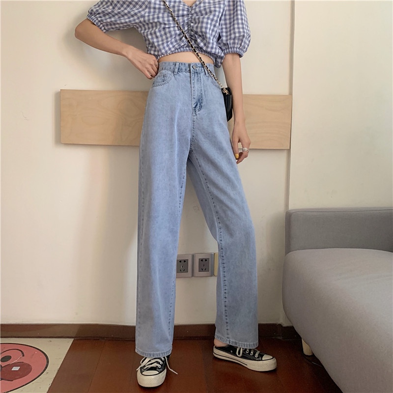 Jeans Wanita Loose High Waist Celana jins Korean Style Straight Pants