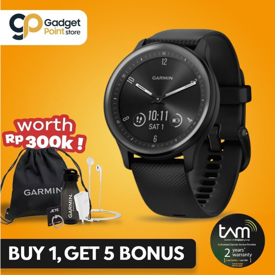 Garmin Watch VivoMove Sport Silicone Band Black Case - Garansi TAM 2 Tahun