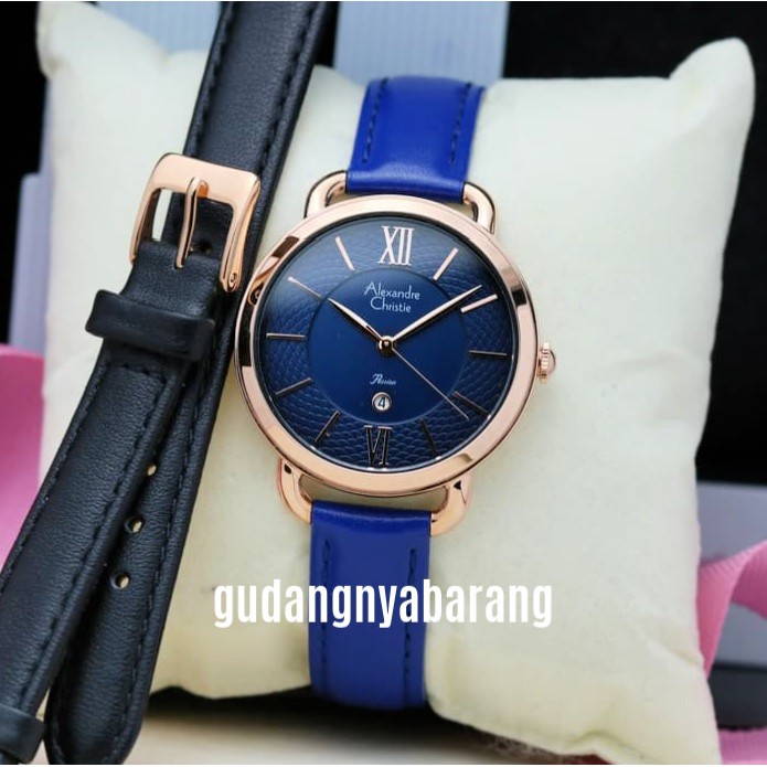Jam Tangan Wanita - Cewek - Woman Alexandre Christie AC 2674 Blue Biru Rose Gold Original Cantik