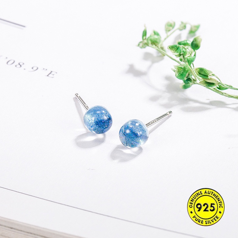 Anting Stud S925 Silver Anti Alergi Desain Manik-Manik Biru Langit Berbintang