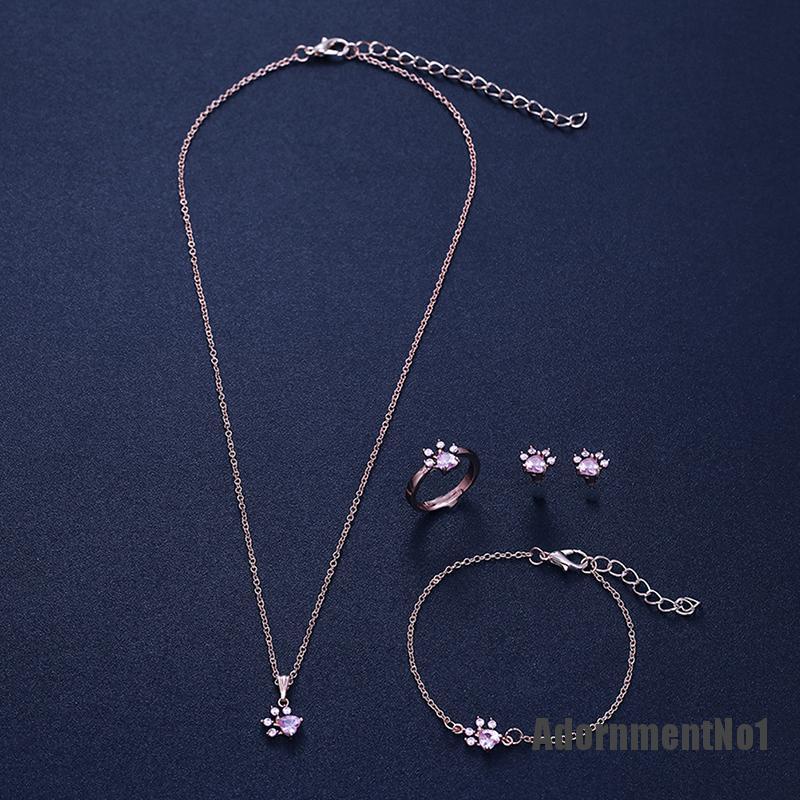 (Adornmentno1) 4pcs / set Kalung + Gelang + Cincin + Anting Tusuk Motif Telapak Kaki Anjing Aksen Kristal Untuk Perhiasan Wanita