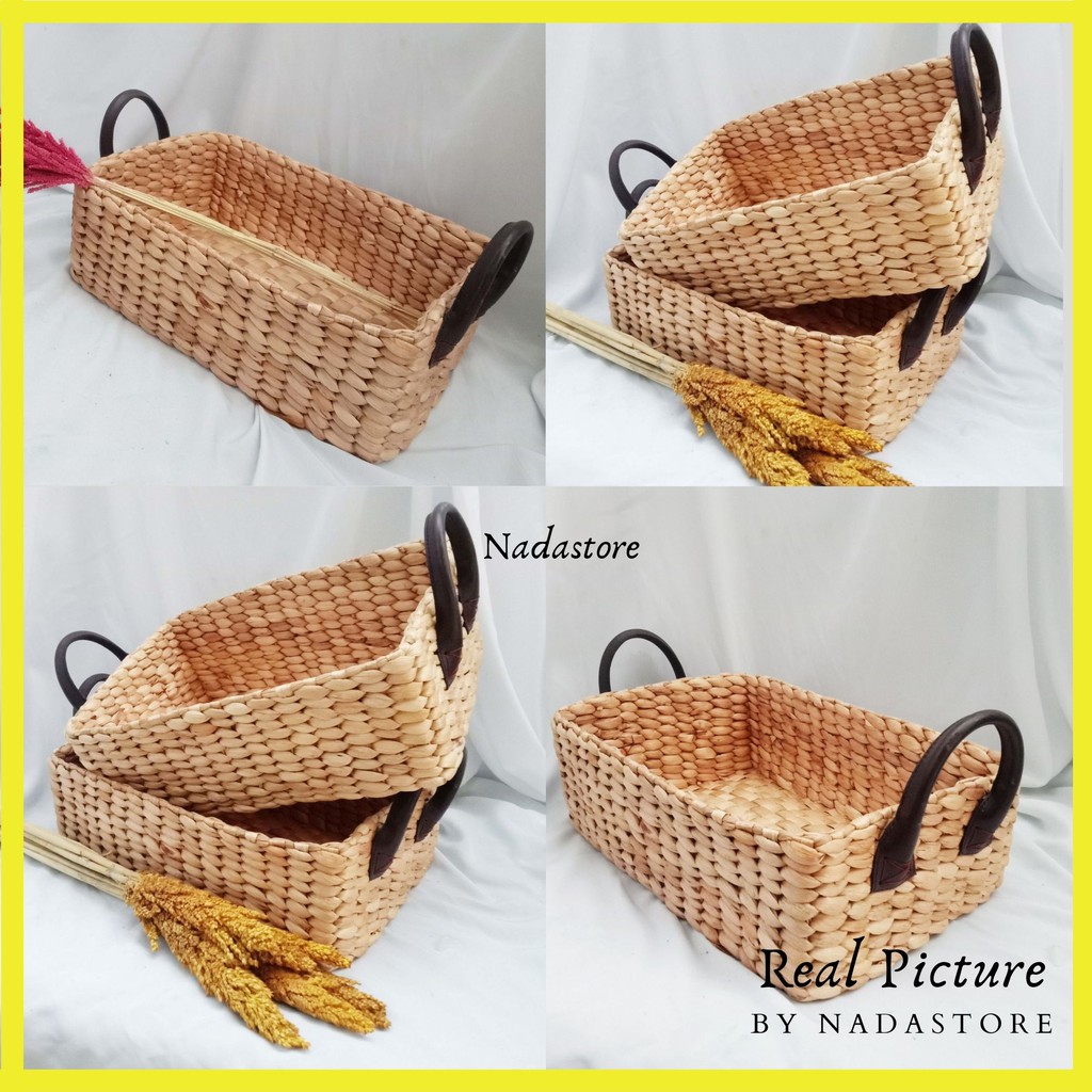 Premium Nampan Baki Kotak Tray Anyaman Handle Kulit Size 37 x 25 x 12 cm New Arrival