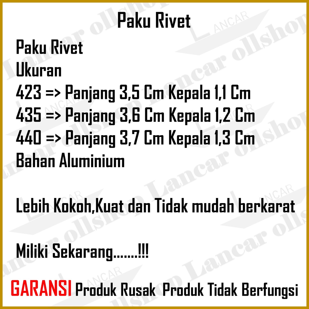 Paku Rivet Ripet Drill Hole Rifet Rivetti 3.3 - 3.4 MM 423 435 440 Knalpot Ecer 100 Pcs Murah