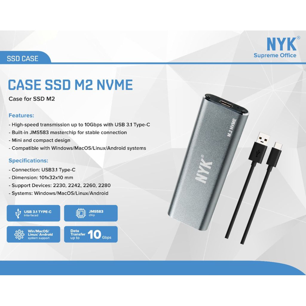 Case ssd m2 nvme nyk aluminum usb 3.1 type-c 10Gbps enclosure - Casing m.2 m-key external