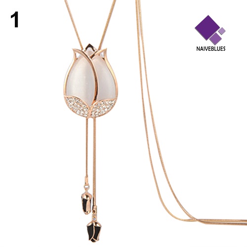Kalung Panjang Desain Bunga Tulip Aksen Berlian Imitasi Untuk Wanita
