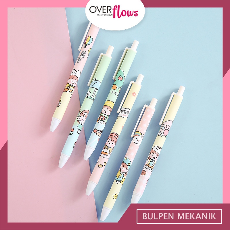 OVERFLOWS.ID Pulpen Mekanik Karakter Girl Actyvity Pen Cute Pena Lucu Kartun Tinta Hitam