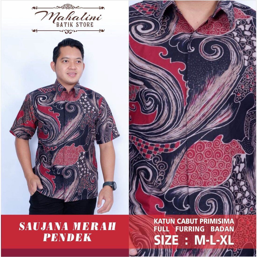 Batik pria lengan panjang warna merah terbaru/hem batik pendek kasual/baju batik kondangan /SAUJANA