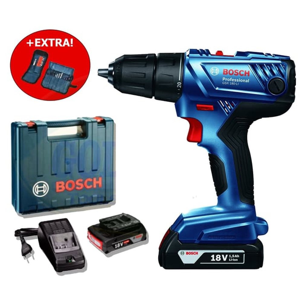 Mesin Bor Cordless Bosch GSR 180 LI 18V Bor Baterai 18 Volt Bonus