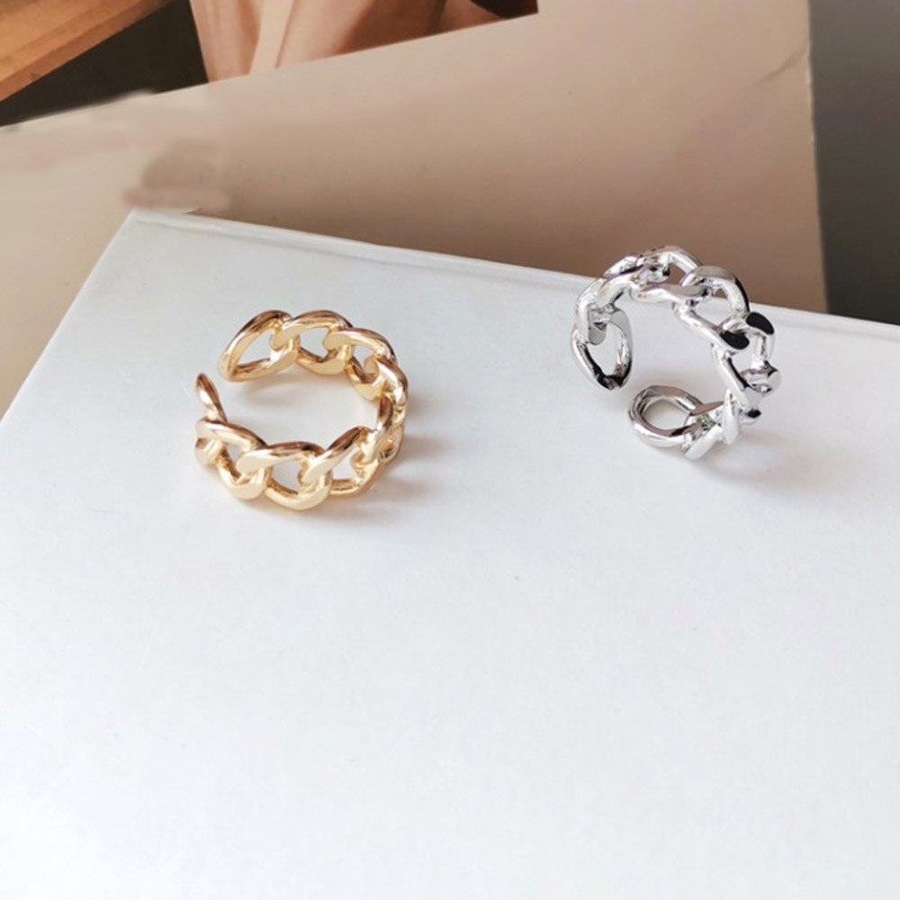 Cincin Model Terbuka Desain Rantai Twisted Geometris Bahan Logam Warna Emas Perak Gaya Vintage Punk Untuk Unisex